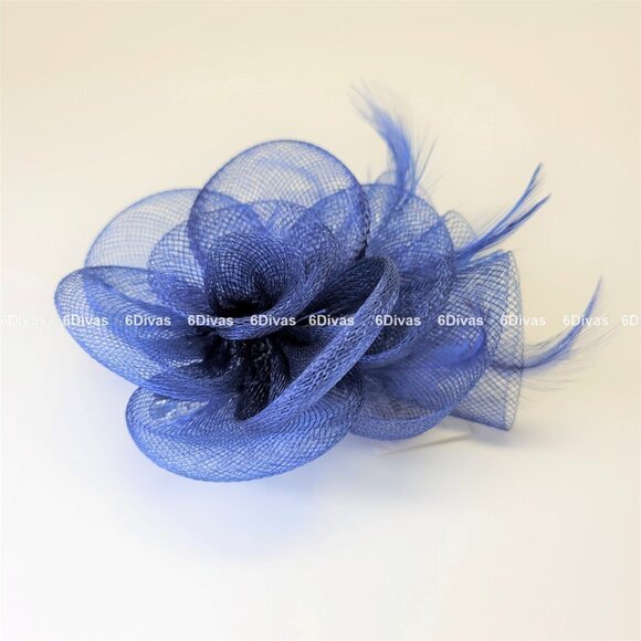 DEEP Blue Floral Hair Clip Fascinator Sinamay Mesh Fascinator- New - Picture 4 of 7